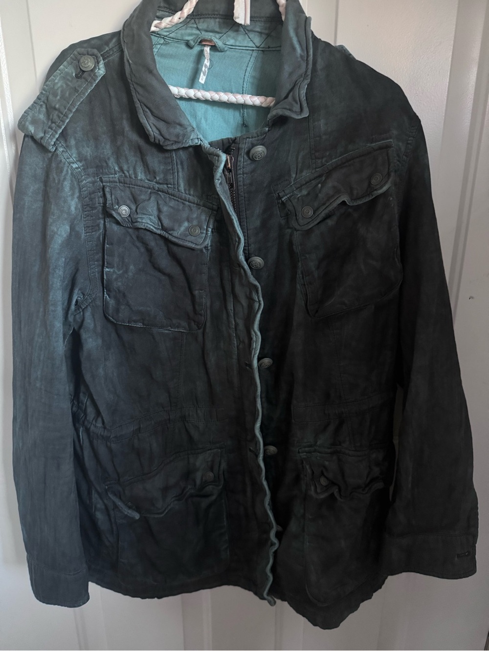 Free People Double Cloth Jacket Military Drawstring Jacket Womens L Blue Gray